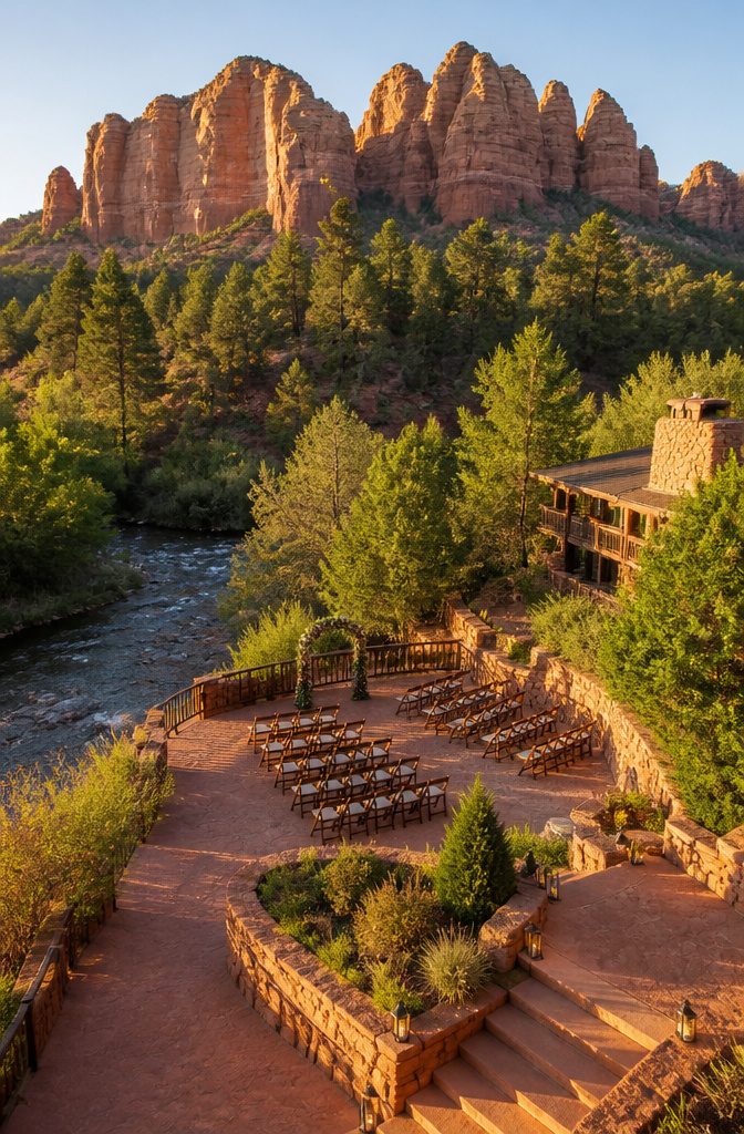 Ceremony space at L'Auberge de Sedona with red rock backdrop.