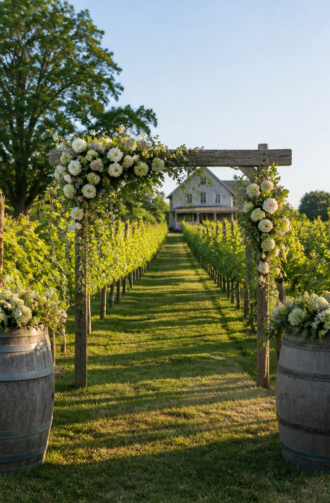 Vineyard rows leading to a rustic arbor at Zingerman's Cornman Farms.
