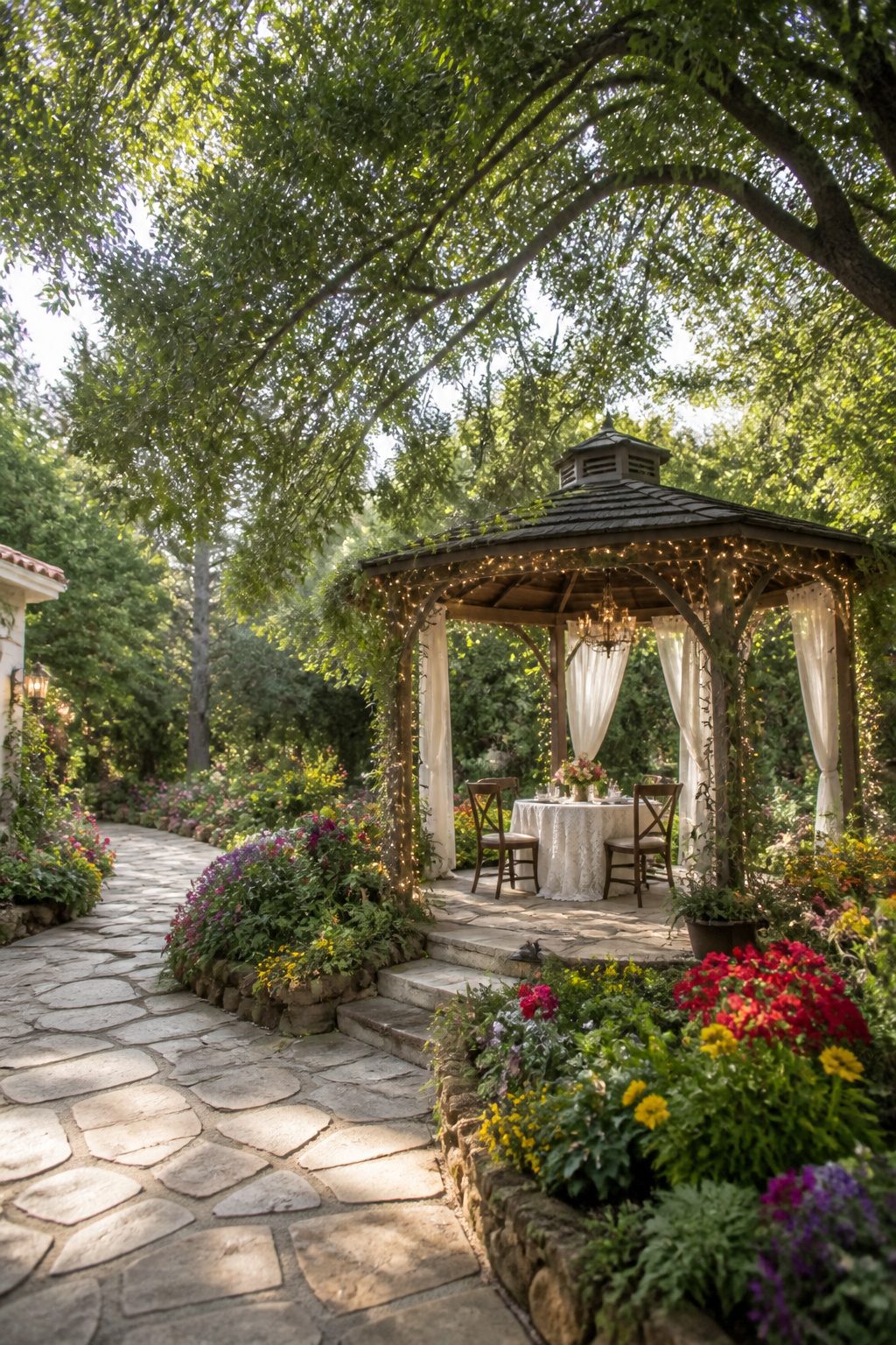 Colorful flowers and greenery in a garden wedding venue.
