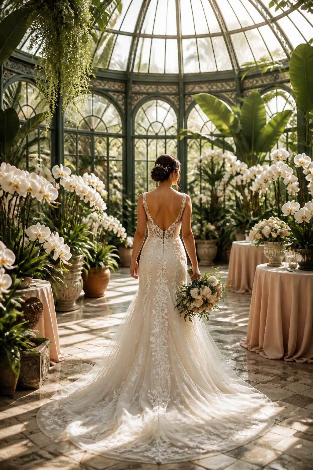 Glasshouse wedding venue featuring ferns and orchids.