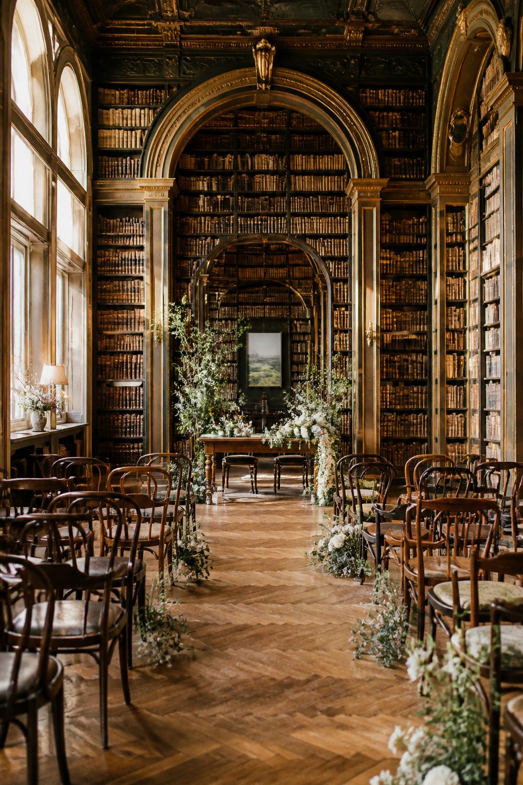 Library wedding with books, archways, and vintage decor.