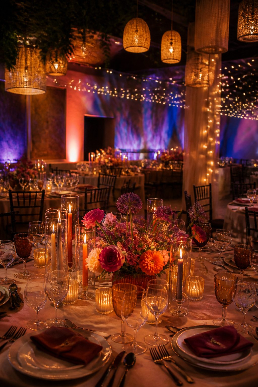 Wedding reception with soft ambient lighting and candles.