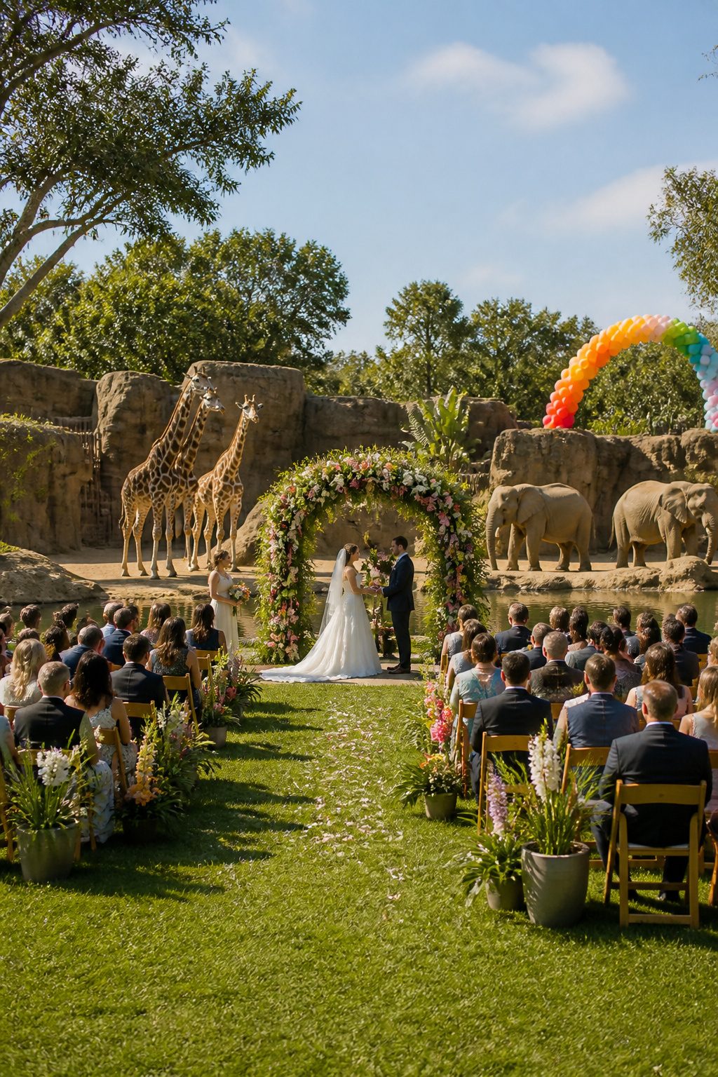 Wedding ceremony at a zoo with giraffes in the background.