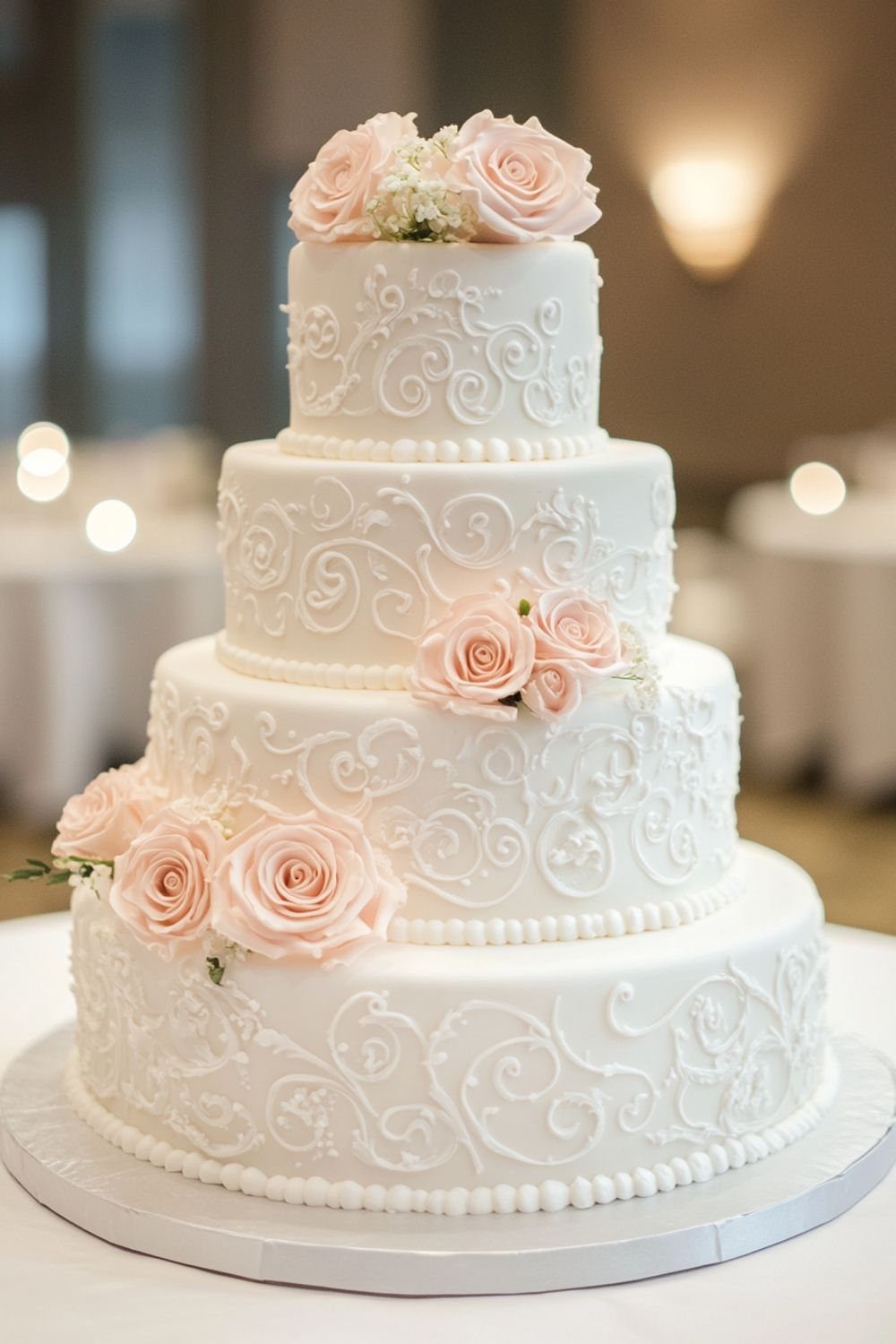 Four-tier white wedding cake with intricate buttercream swirls and pale pink rose decorations.