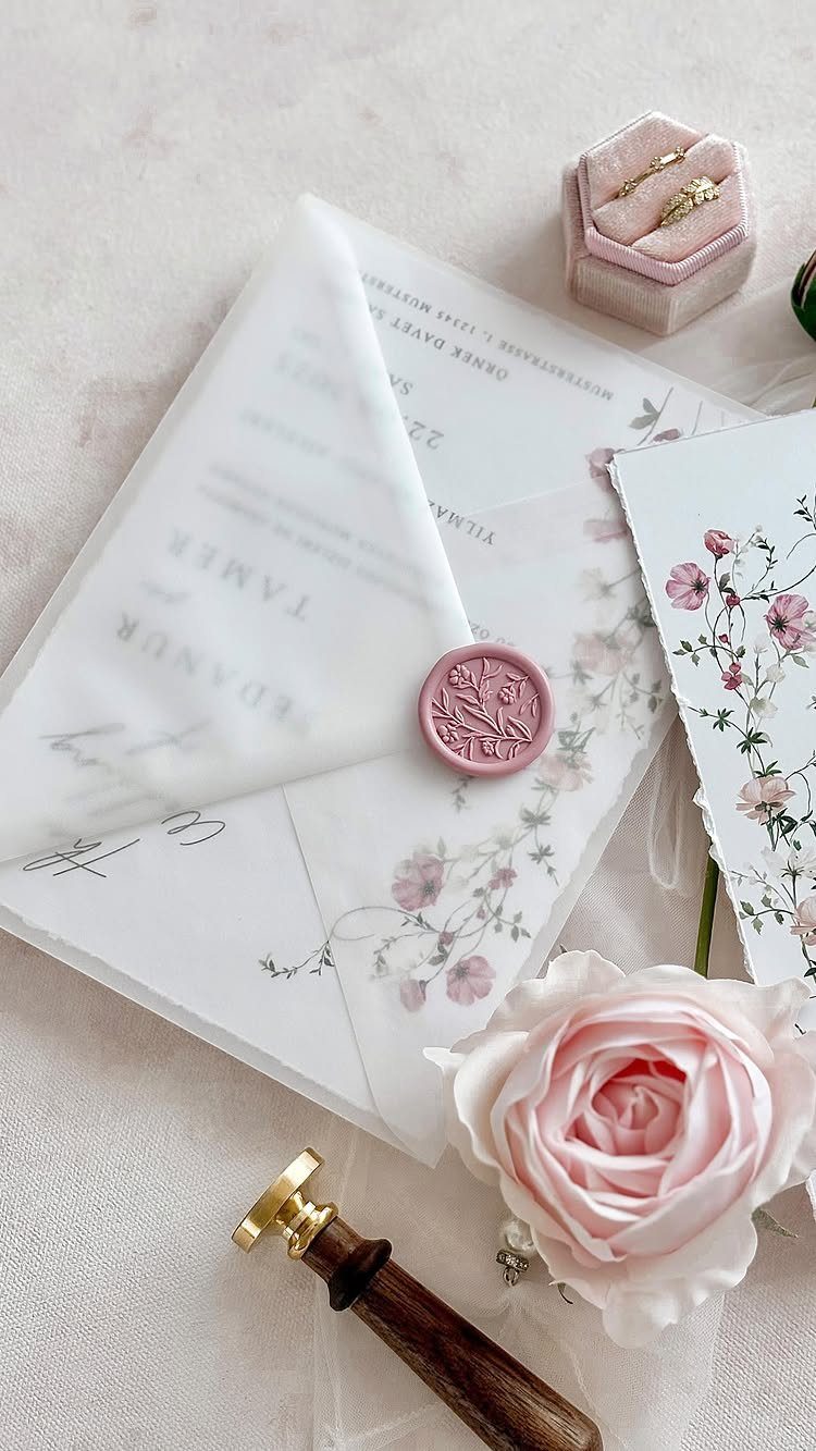 Translucent vellum wedding invitation wrap with pink floral patterns and a wax seal.