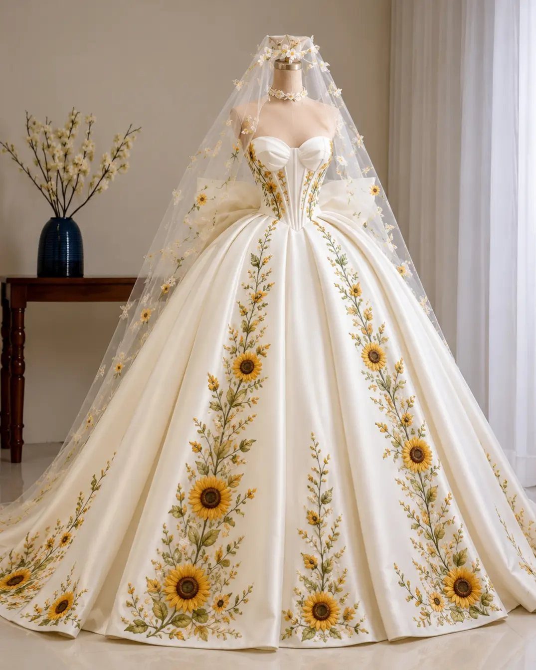 White ballgown wedding dress featuring large yellow sunflower and wildflower embroidery on a mannequin.