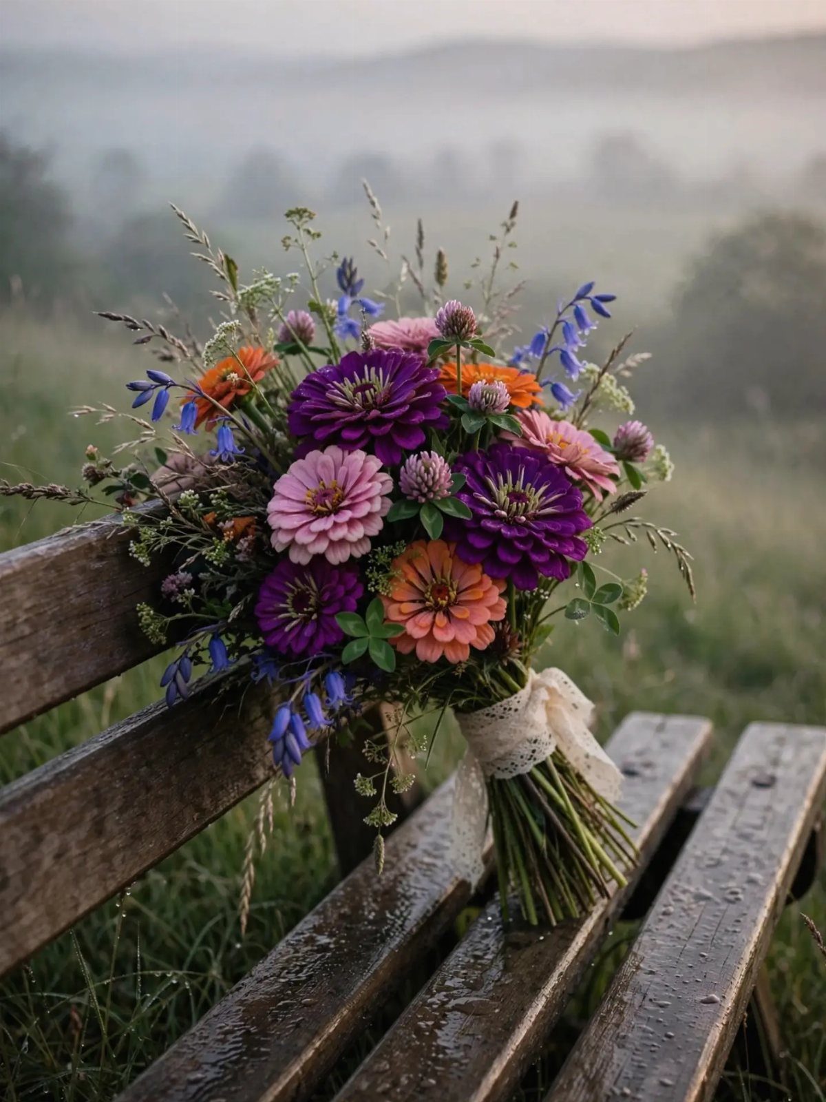 A colorful wildflower bouquet with purple and orange zinnias resting on a wooden bench.
