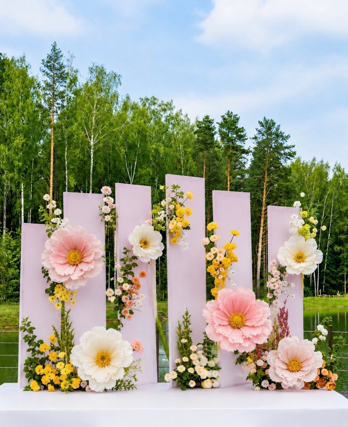 Large artificial wildflowers attached to tall lavender panels forming a wedding ceremony backdrop.