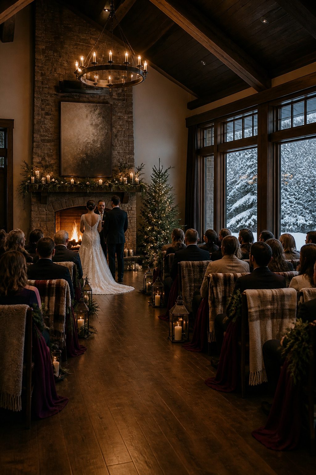 An indoor wedding ceremony setup with a fireplace and cozy textiles.