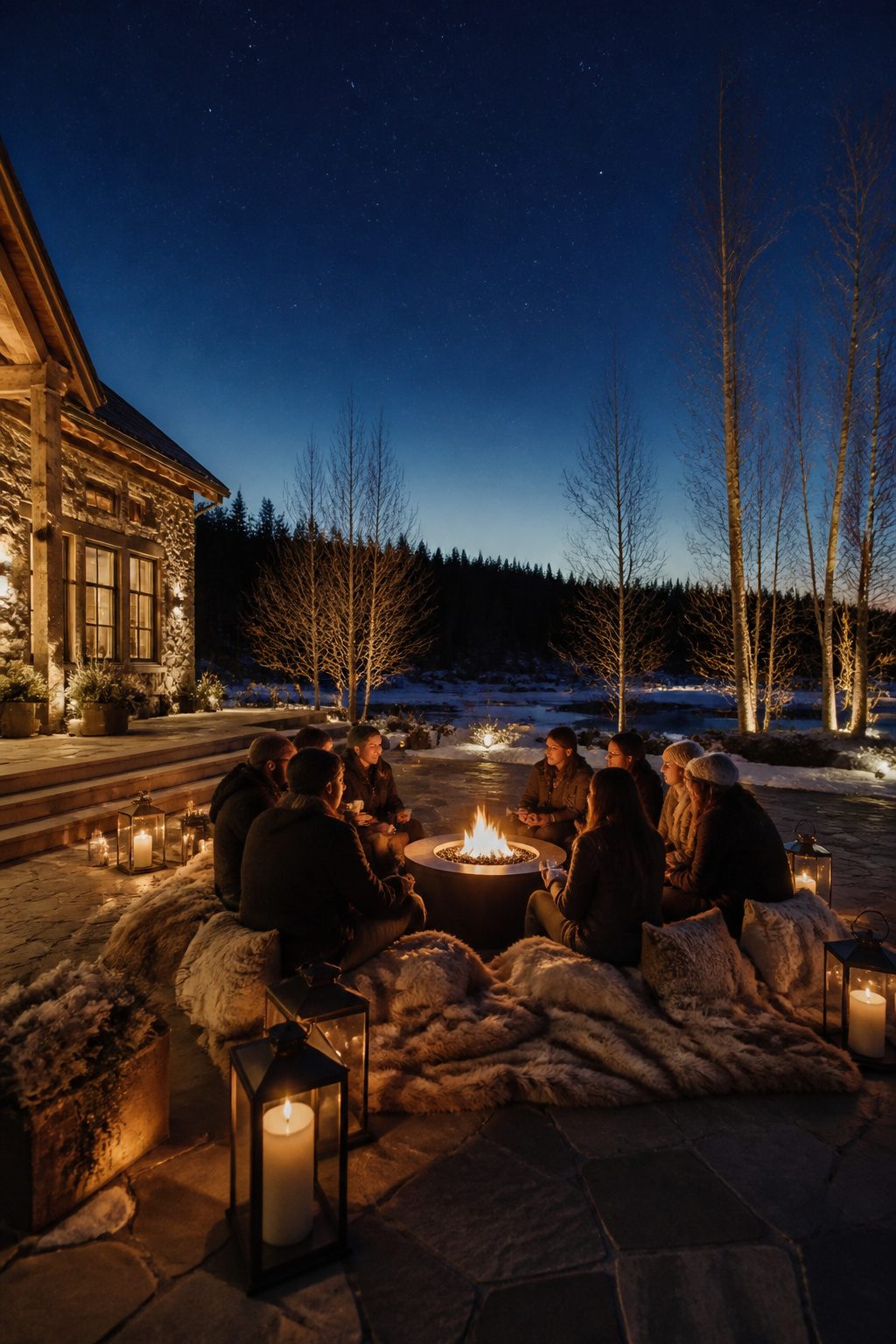 Guests gathered around a firepit at a winter wedding.