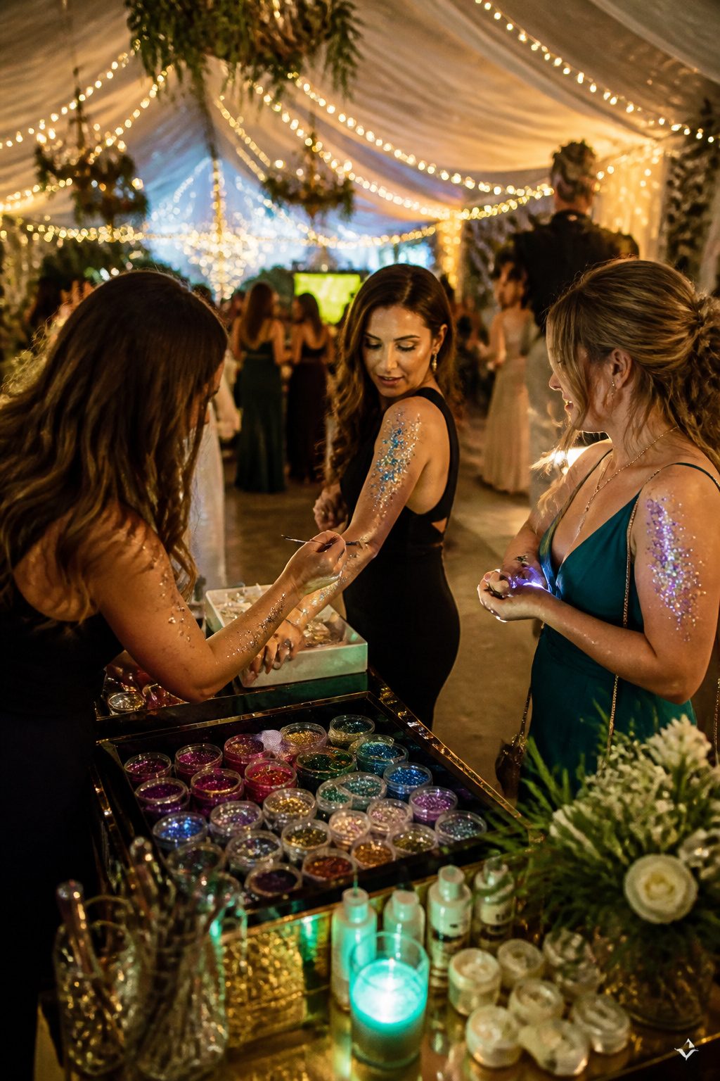 A glitter bar where guests apply cosmetic-grade sparkle.