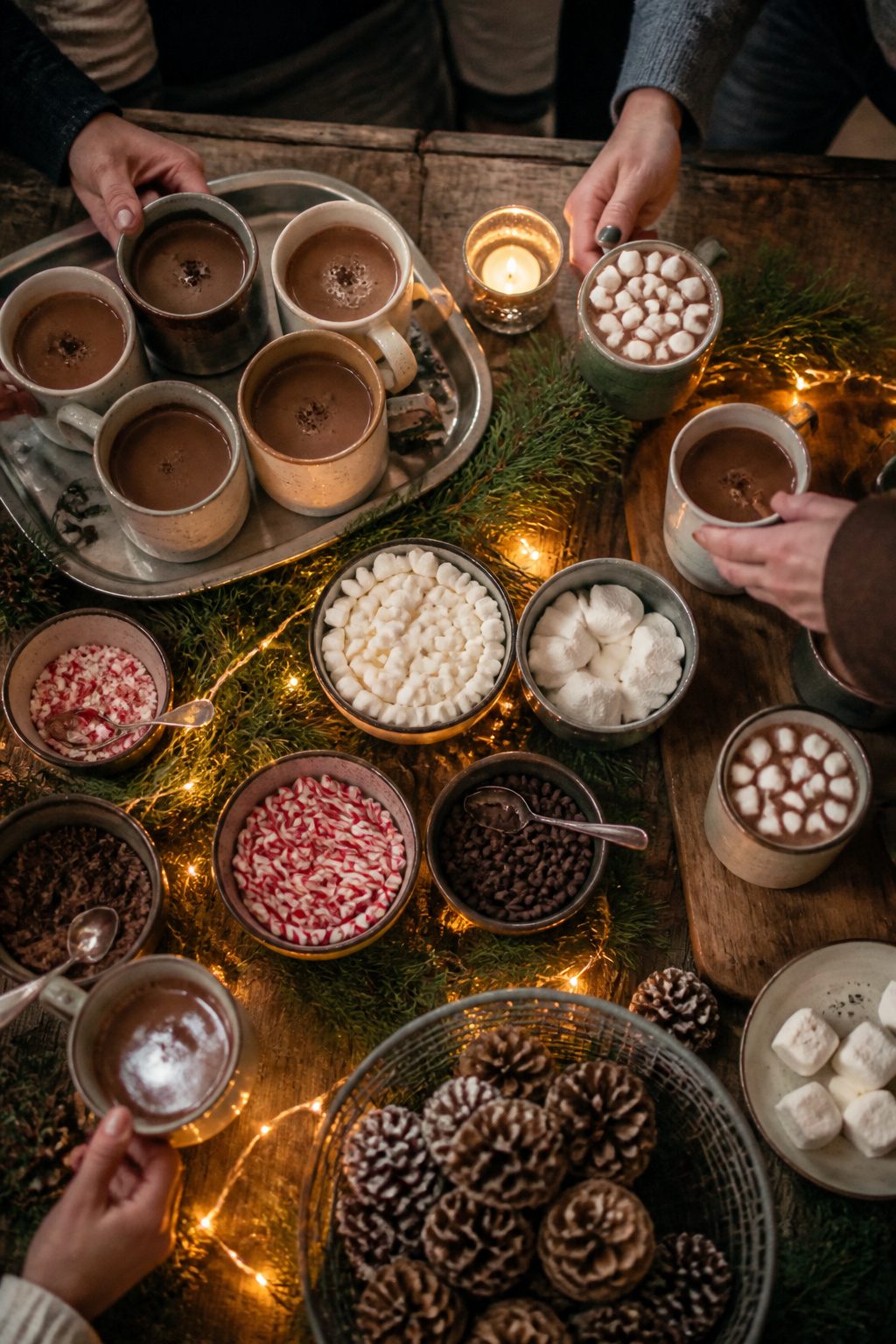 A hot beverage station with cocoa, mulled wine, and coffee.