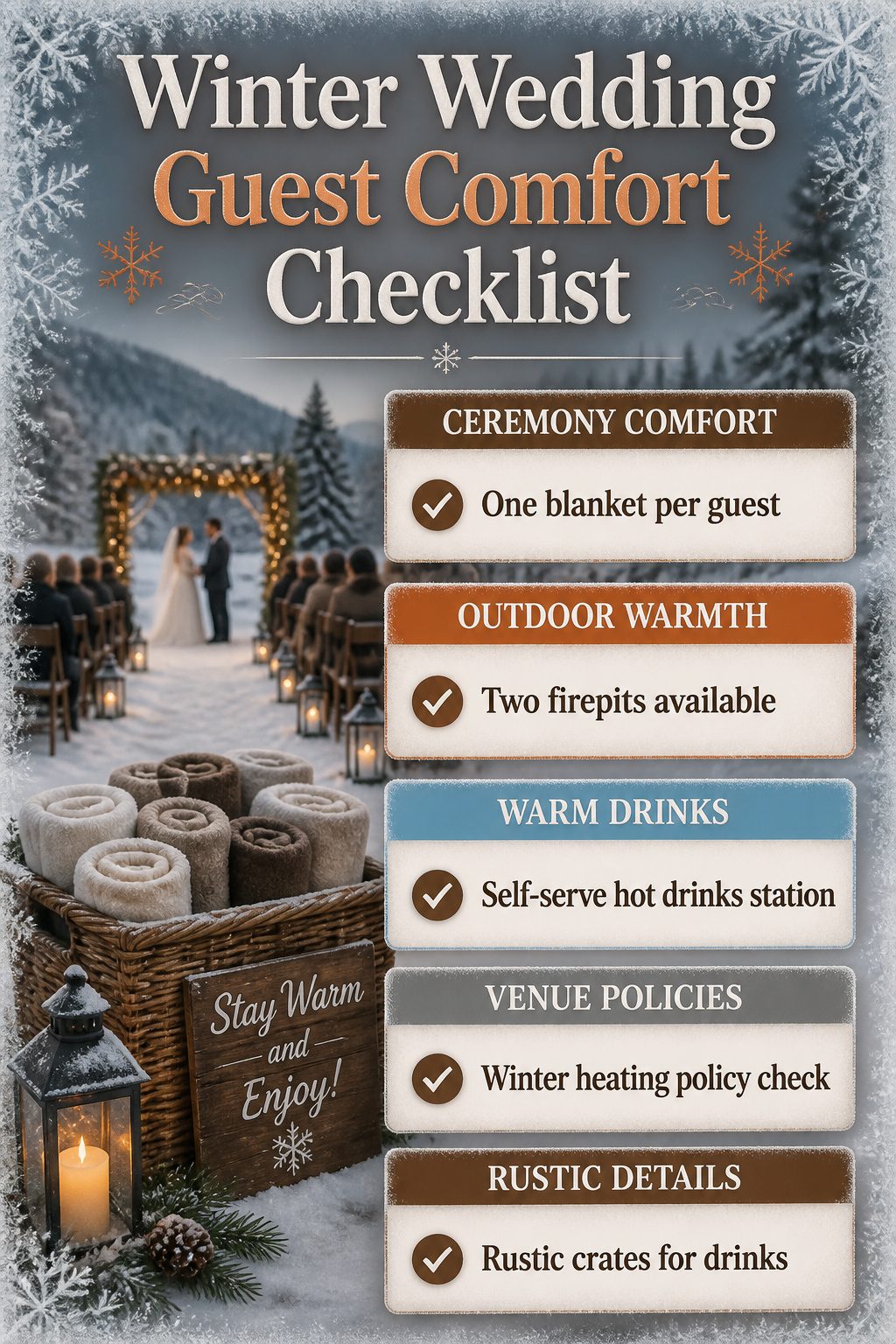 Blankets and firepits set up for guests at a winter wedding.
