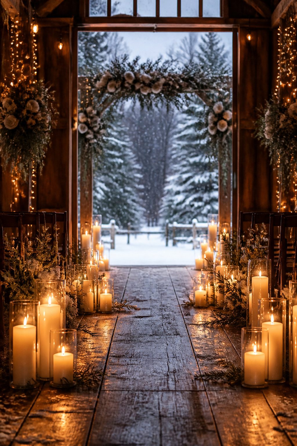 A wedding aisle lit with flickering pillar candles.