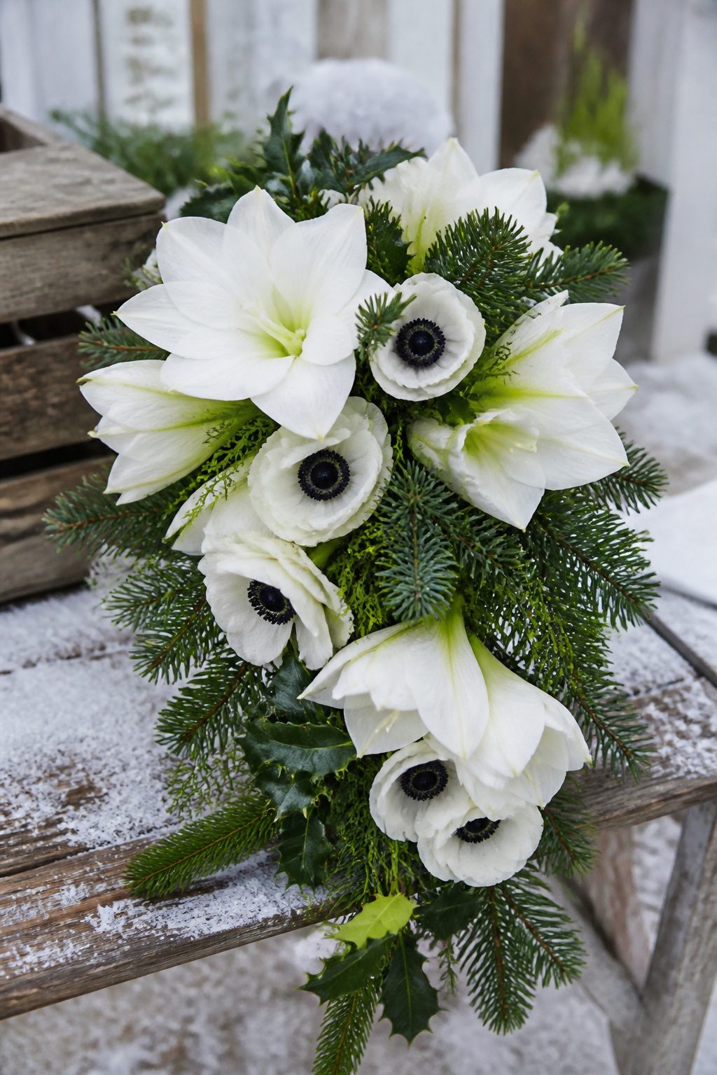 A winter bridal bouquet featuring amaryllis and anemones.