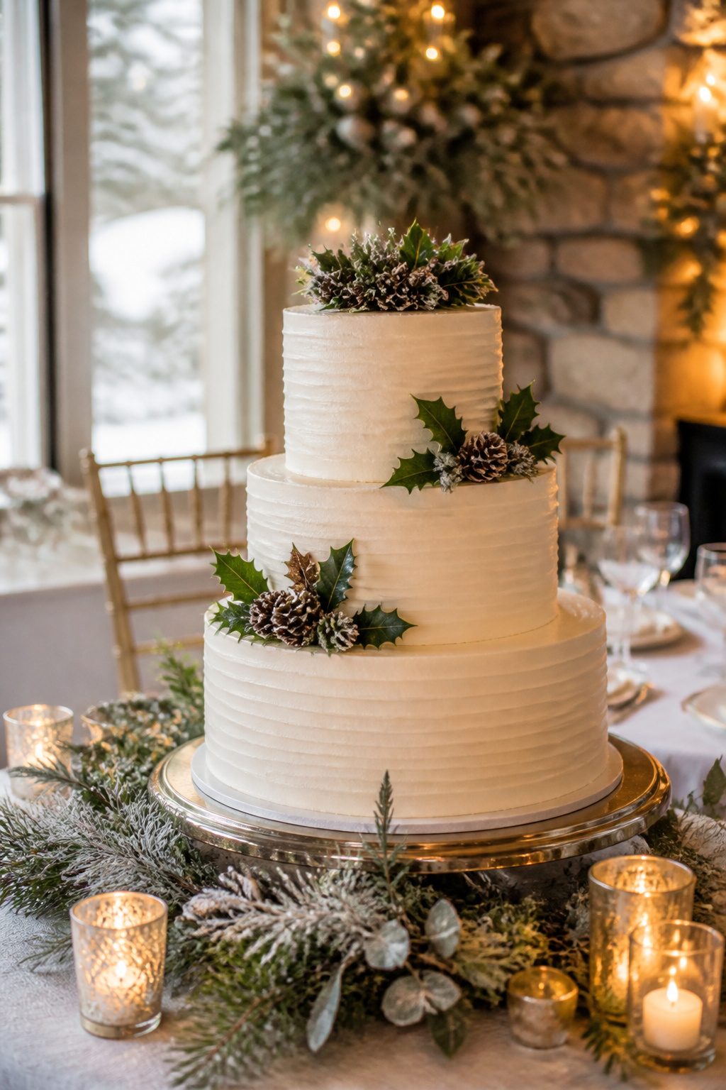 A three-tier buttercream wedding cake decorated with holly.