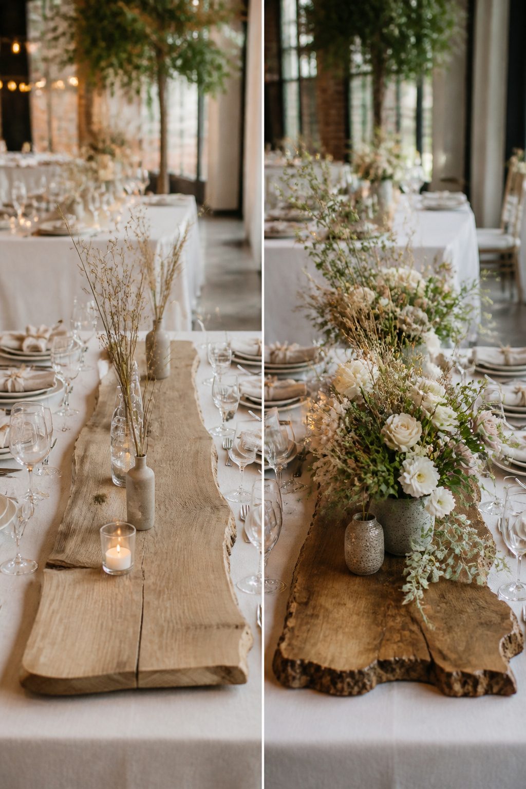 A raw-edge oak slab paired with different table settings at weddings.