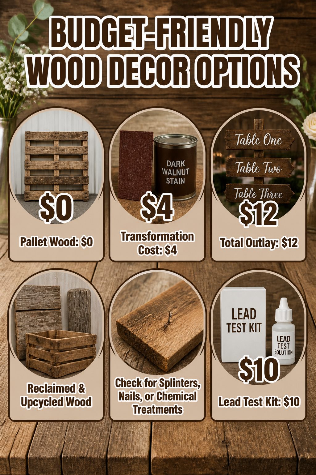 Budget-friendly reclaimed wood decor items displayed at a wedding.