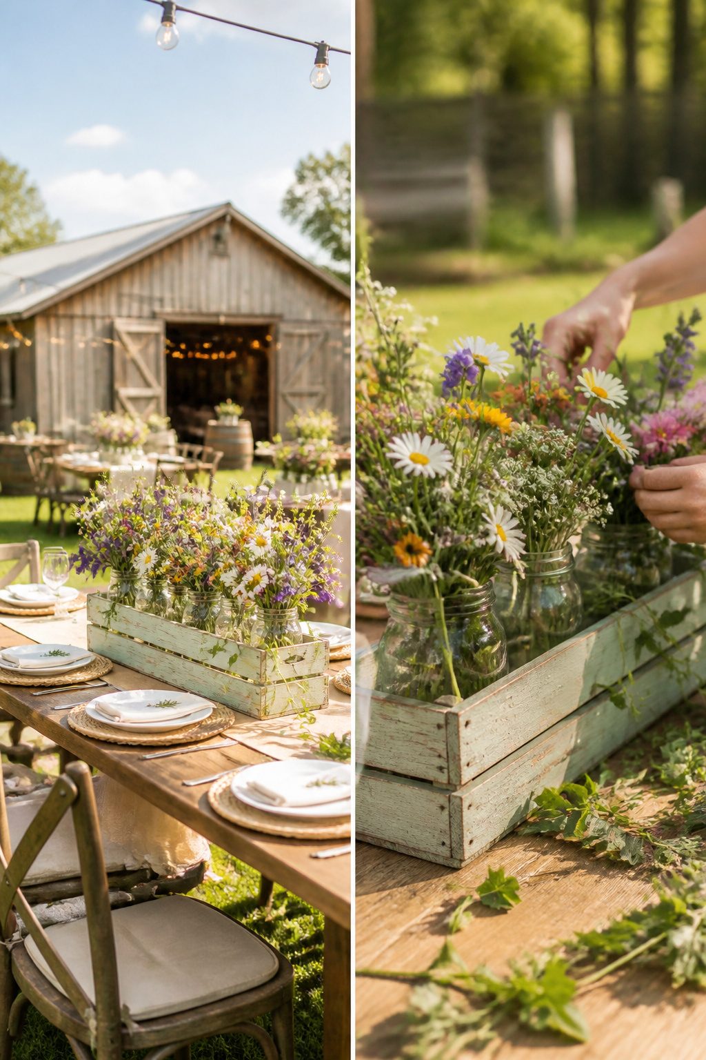 Wooden crates holding mason jars filled with flowers on a wedding table.