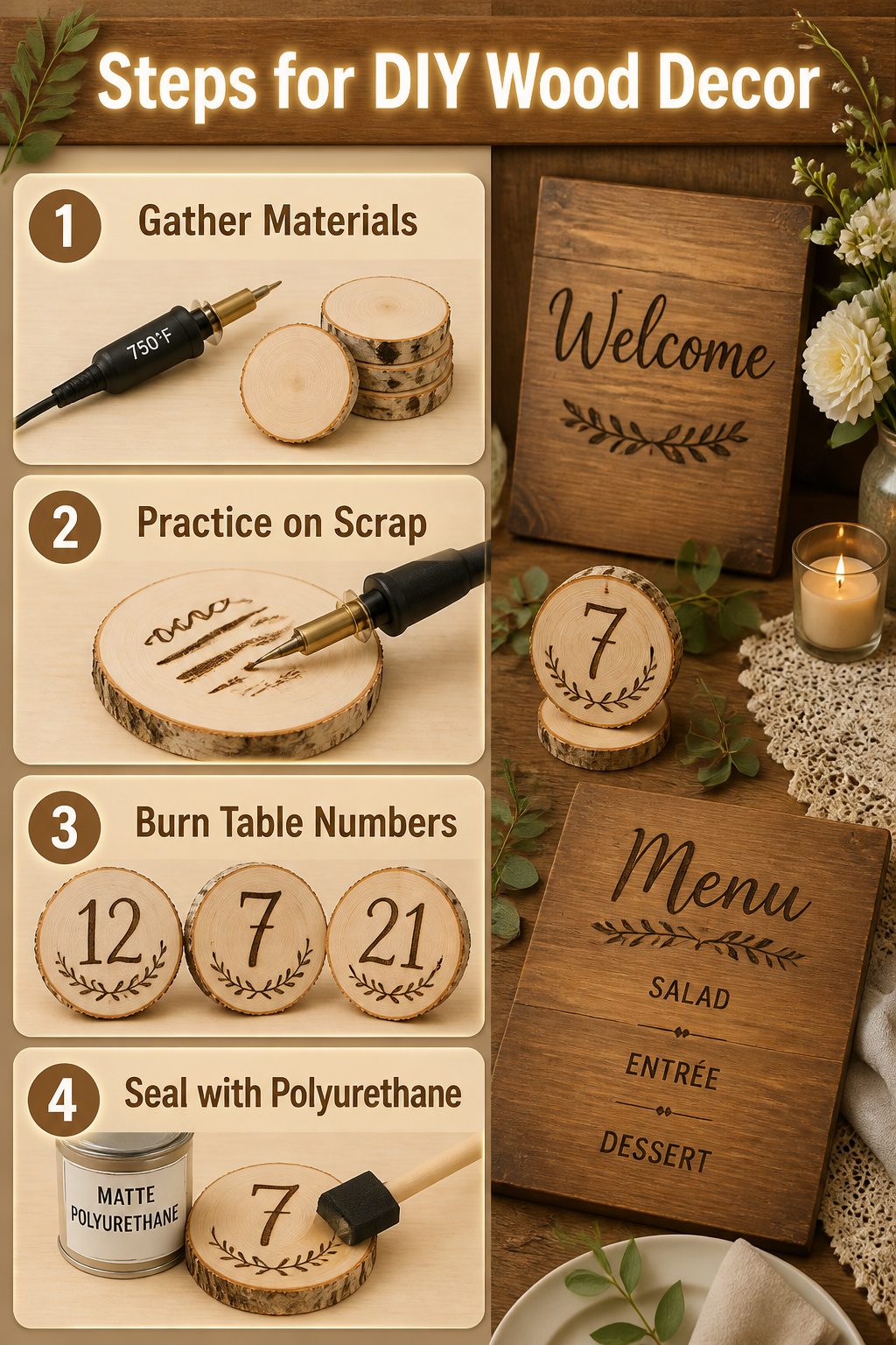 Steps for creating DIY wood decor items for a wedding.