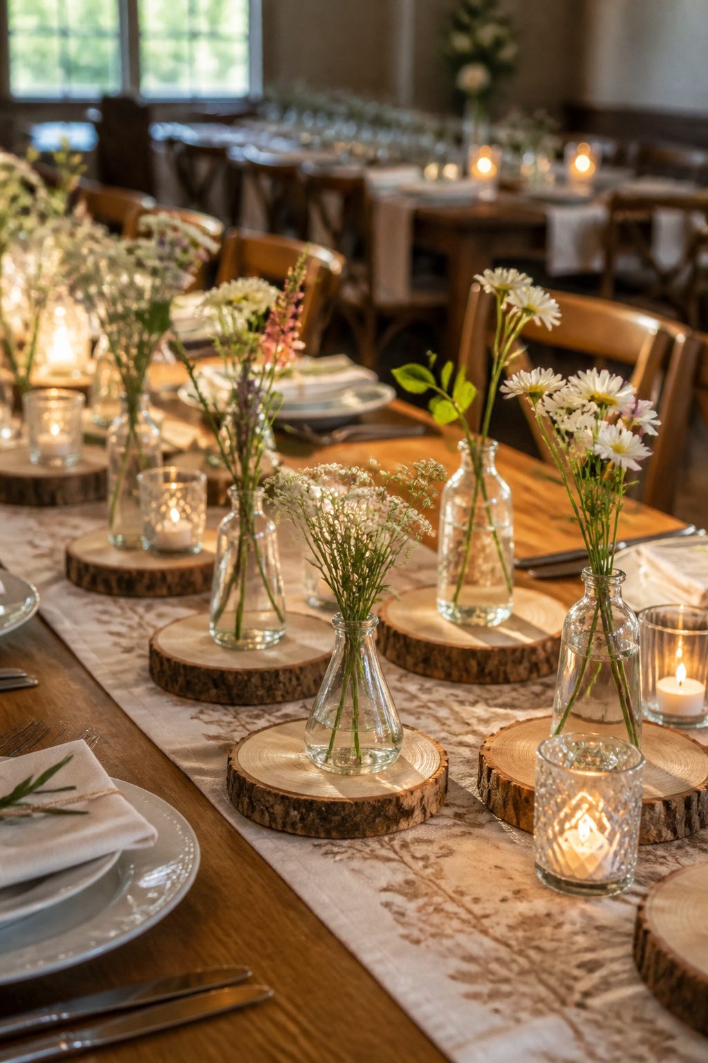 Collection of birch rounds used as coasters and bases for small vases.