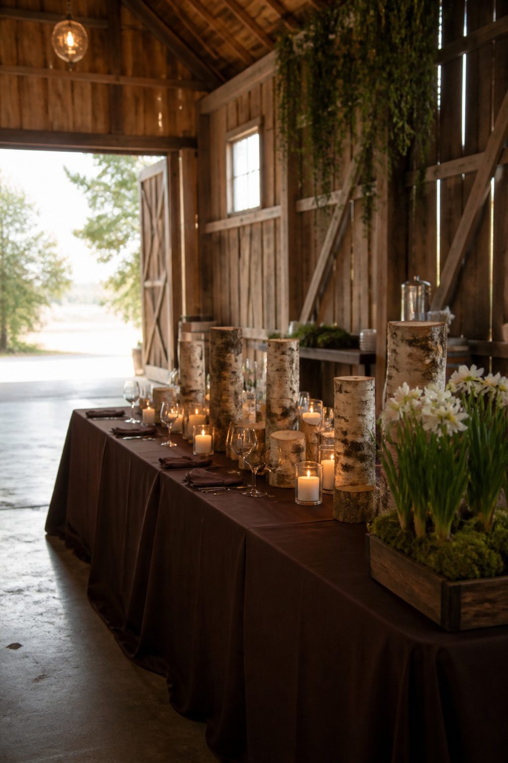 Birch logs and wooden boxes used as centerpieces on a wedding table.