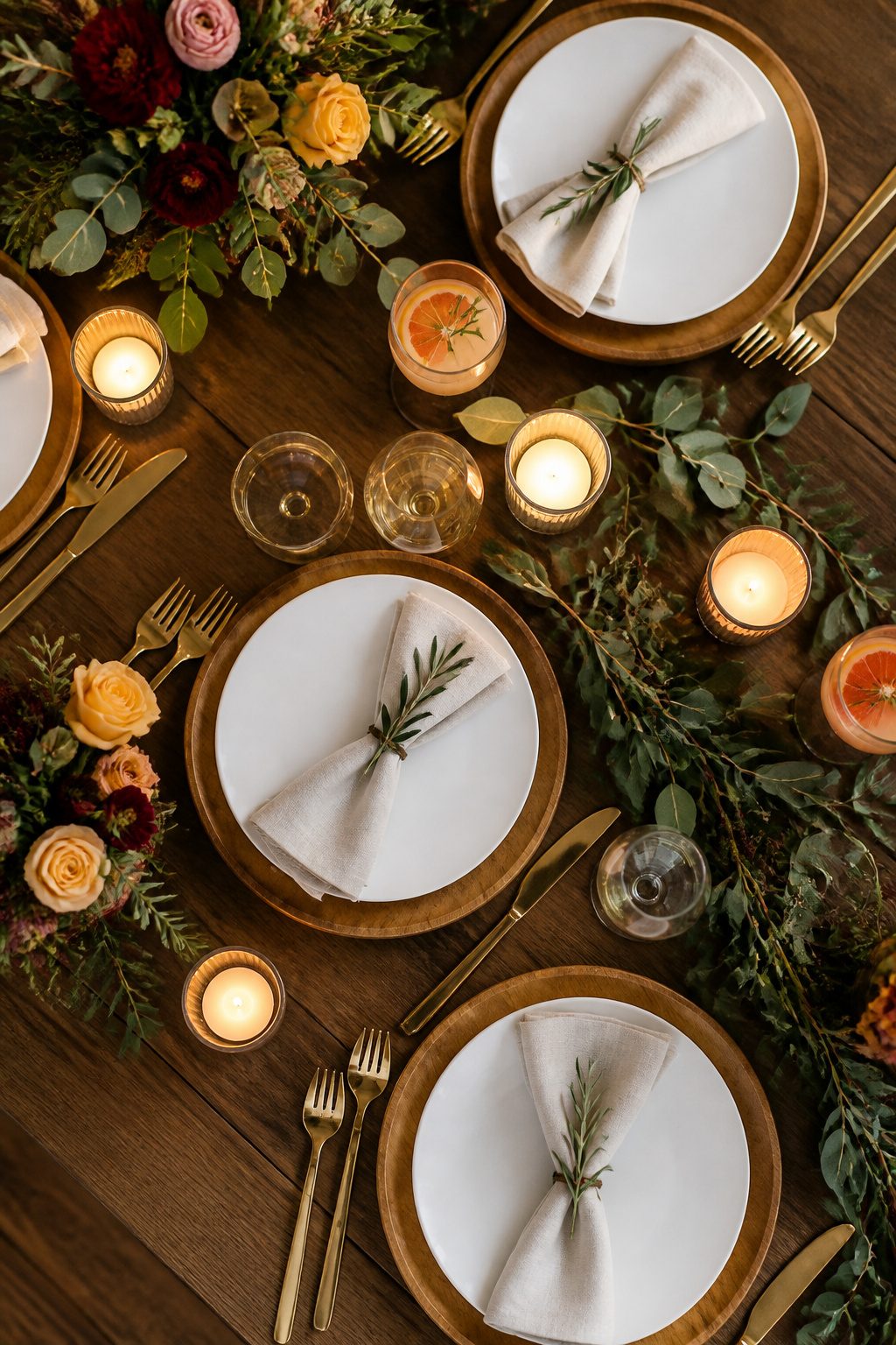 Wood chargers and placemats displayed under dinner plates on a table.