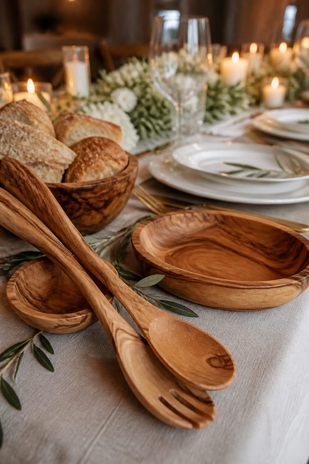 Wooden salad servers and serving dishes arranged on a wedding table.